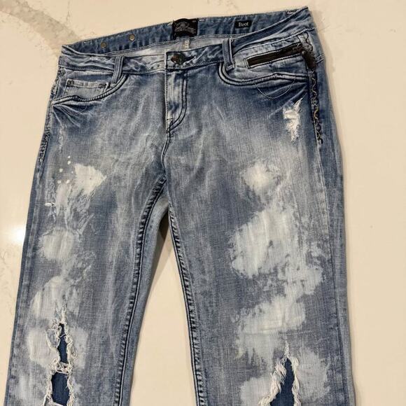 RF Rock LA Express Boot Cut Y2K Low Rise Distressed Denim Jeans Womens 12 Grunge - Picture 2 of 10